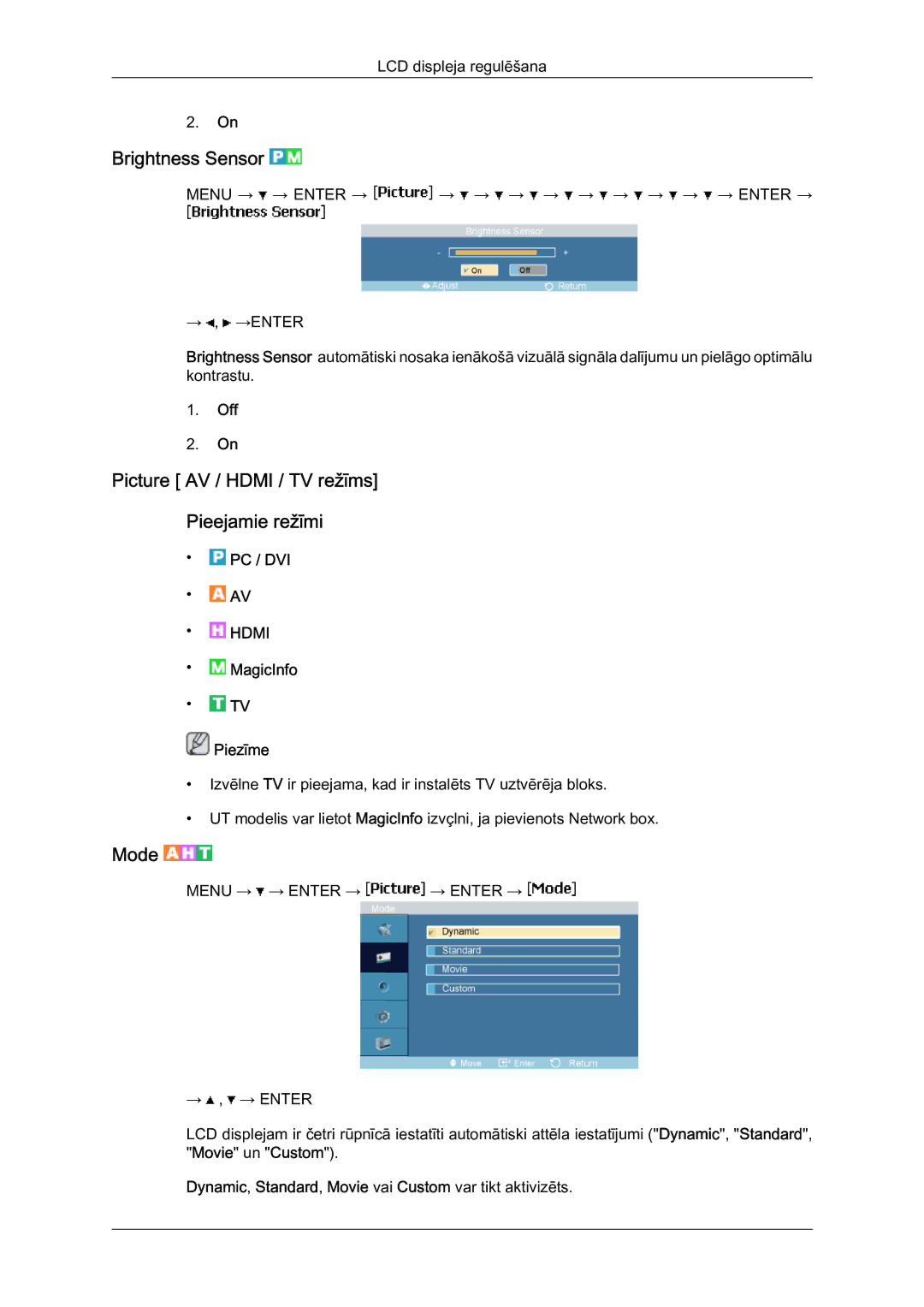 Samsung LH46MVTLBN/EN manual Brightness Sensor, Picture AV / Hdmi / TV režīms Pieejamie režīmi, Mode 