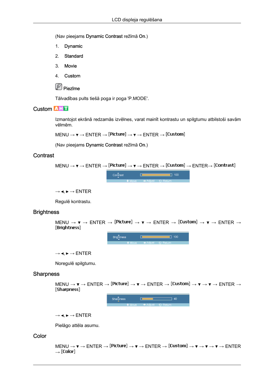 Samsung LH46MVTLBN/EN manual Color, Dynamic Standard Movie Custom Piezīme 