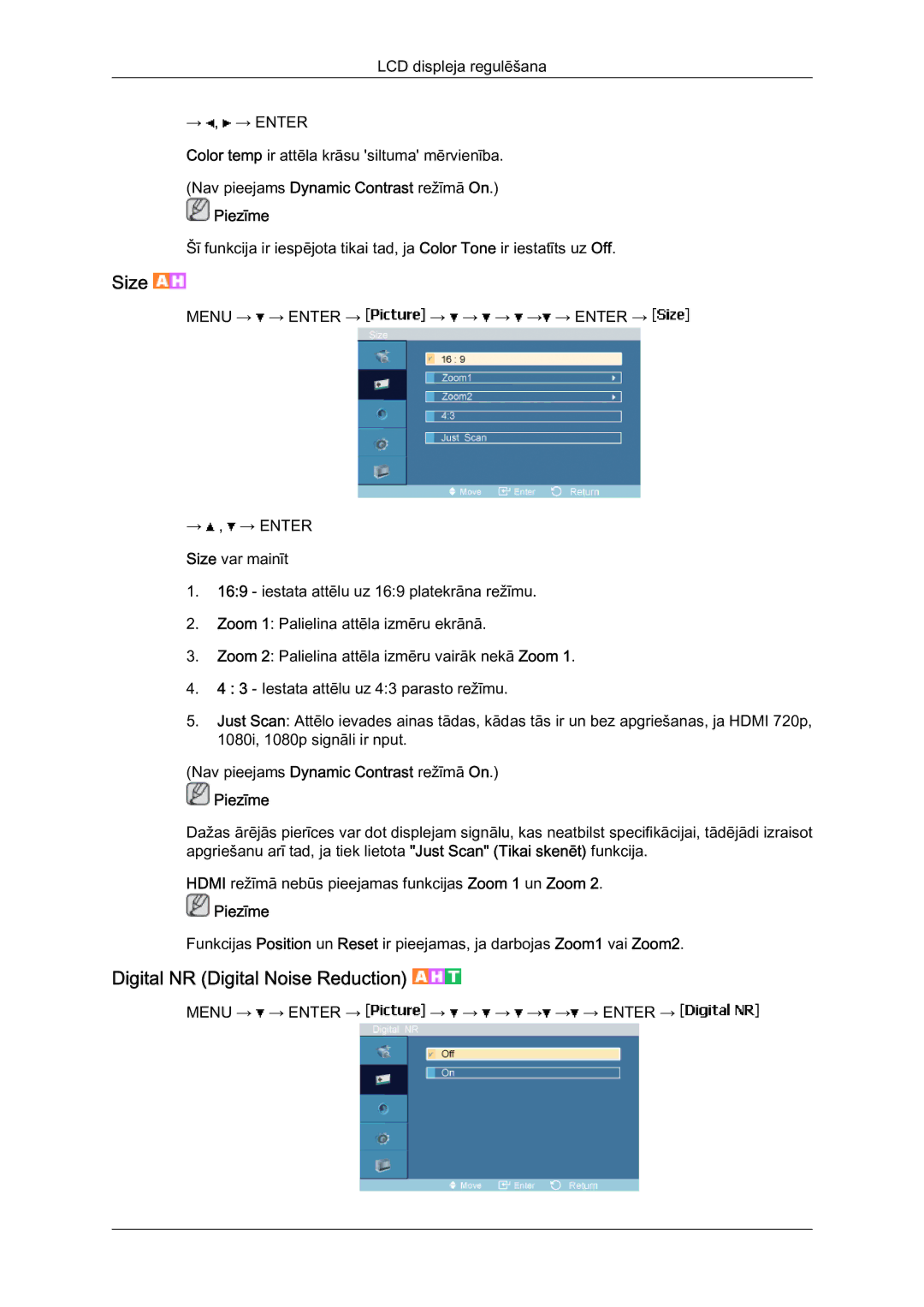 Samsung LH46MVTLBN/EN manual Size, Digital NR Digital Noise Reduction 