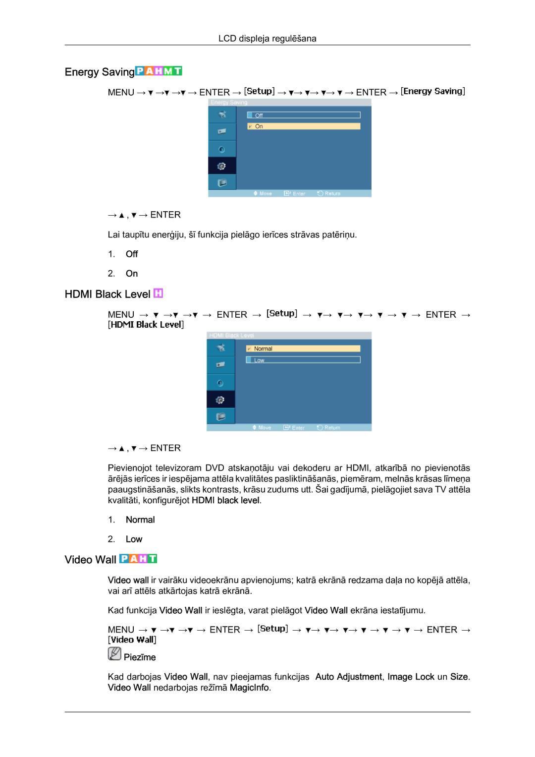 Samsung LH46MVTLBN/EN manual Energy Saving, Hdmi Black Level, Video Wall, Normal Low 