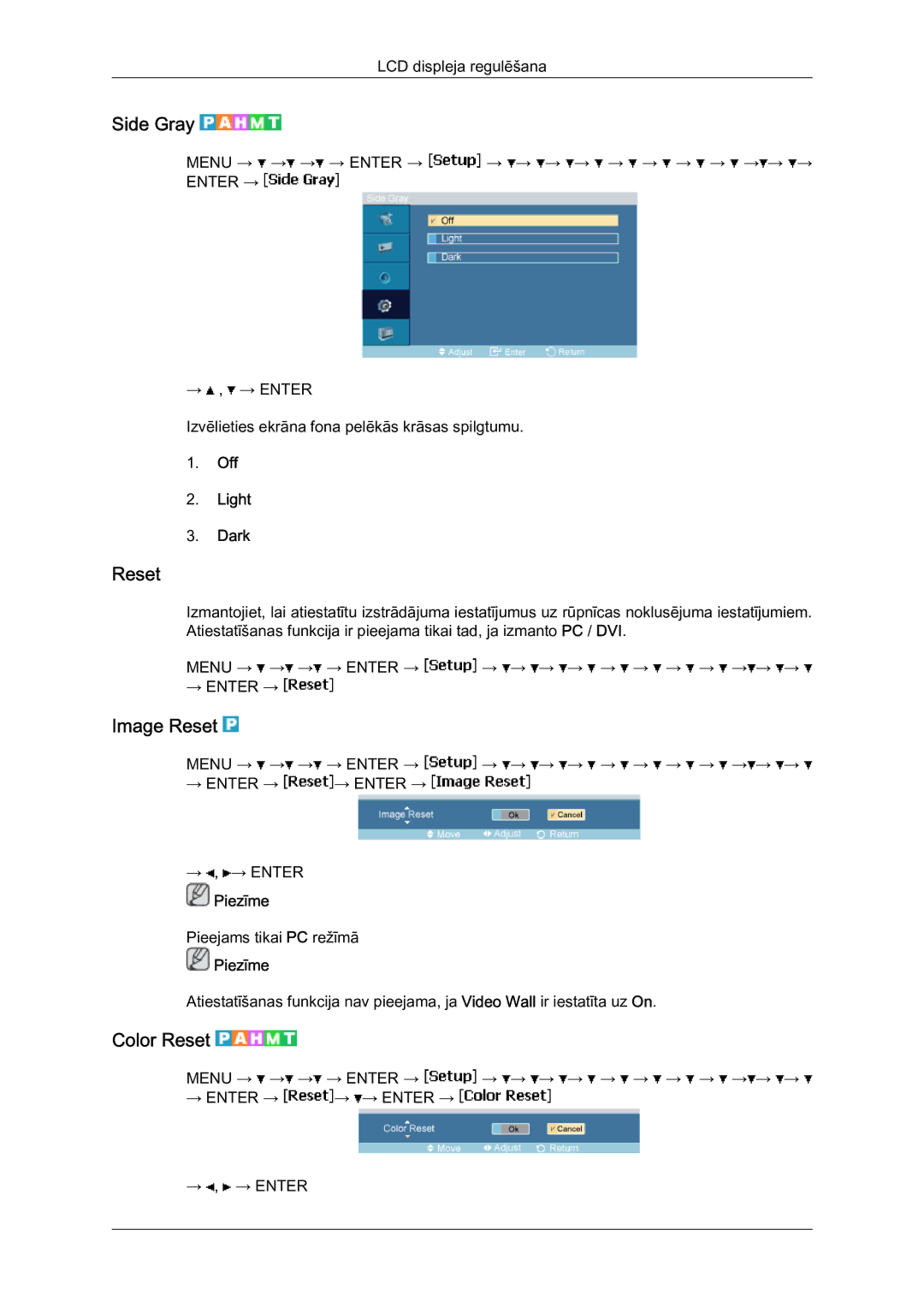 Samsung LH46MVTLBN/EN manual Side Gray, Image Reset, Color Reset, Off Light Dark 