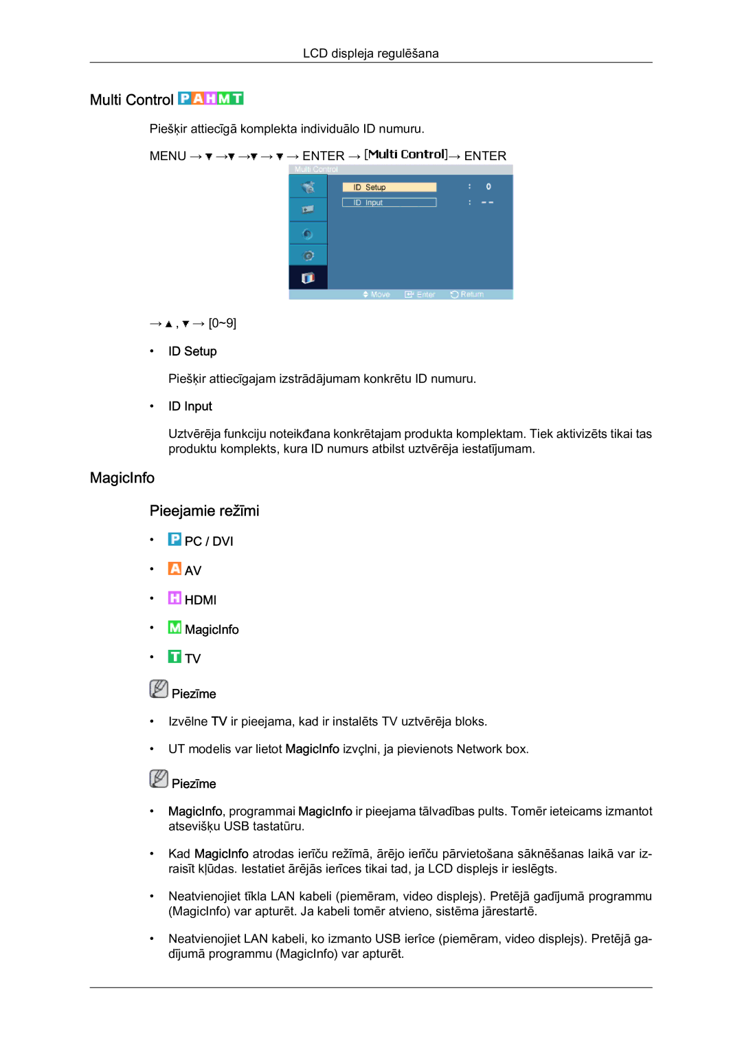 Samsung LH46MVTLBN/EN manual Multi Control, MagicInfo Pieejamie režīmi, ID Setup, ID Input 