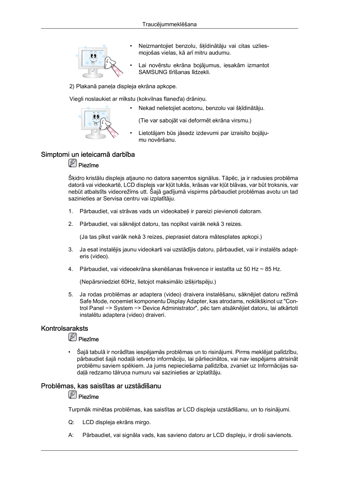 Samsung LH46MVTLBN/EN manual Simptomi un ieteicamā darbība, Kontrolsaraksts, Problēmas, kas saistītas ar uzstādīšanu 