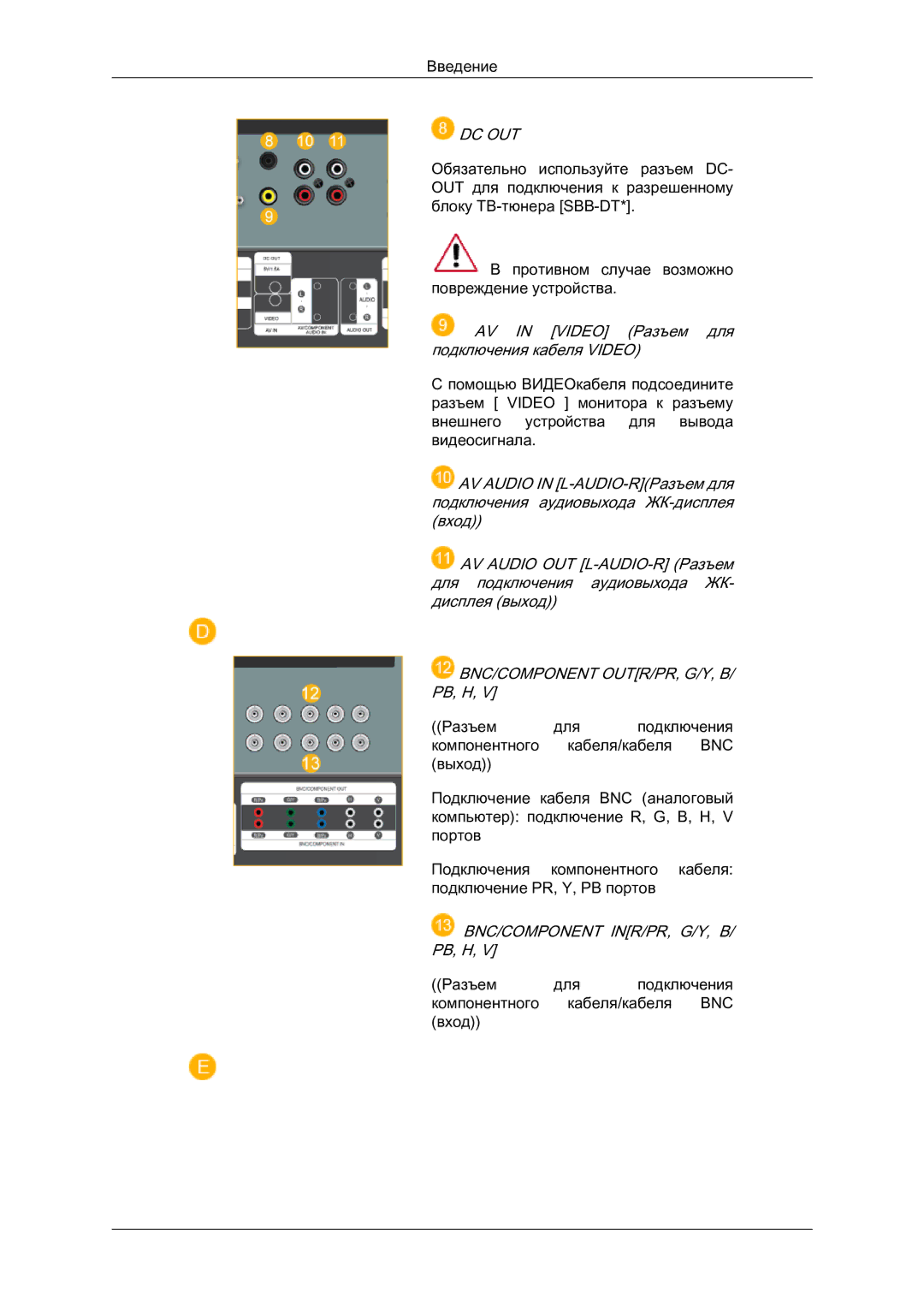 Samsung LH46MVTLBN/EN manual Bnc/Component Inr/Pr, G/Y, B/ Pb, H 