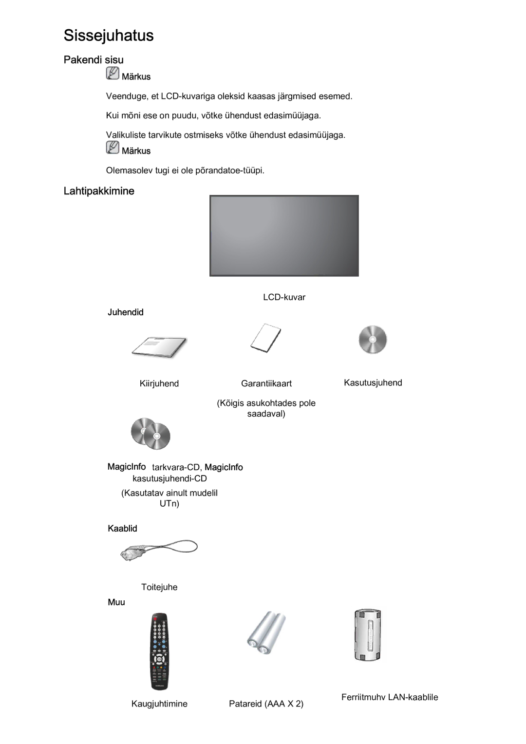 Samsung LH46MVTLBN/EN manual Pakendi sisu, Lahtipakkimine 