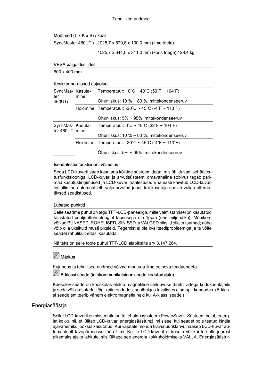 Samsung LH46MVTLBN/EN manual Energiasäästja 