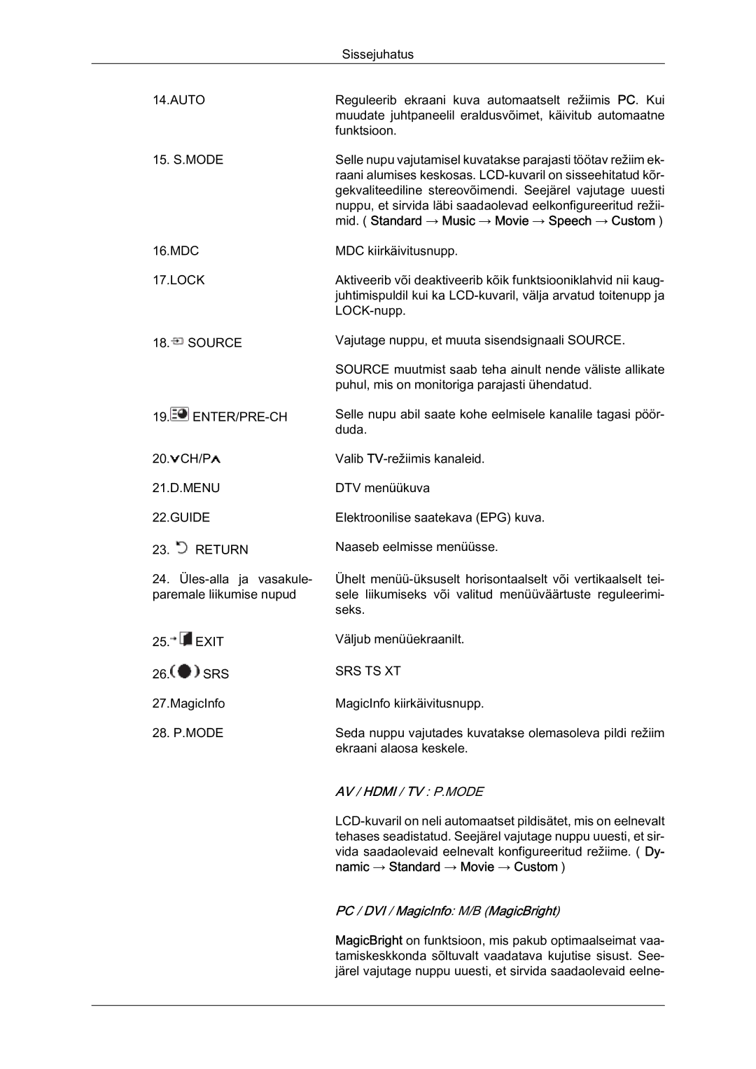 Samsung LH46MVTLBN/EN manual Mid. Standard → Music → Movie → Speech → Custom, 21.D.MENU Guide Return 