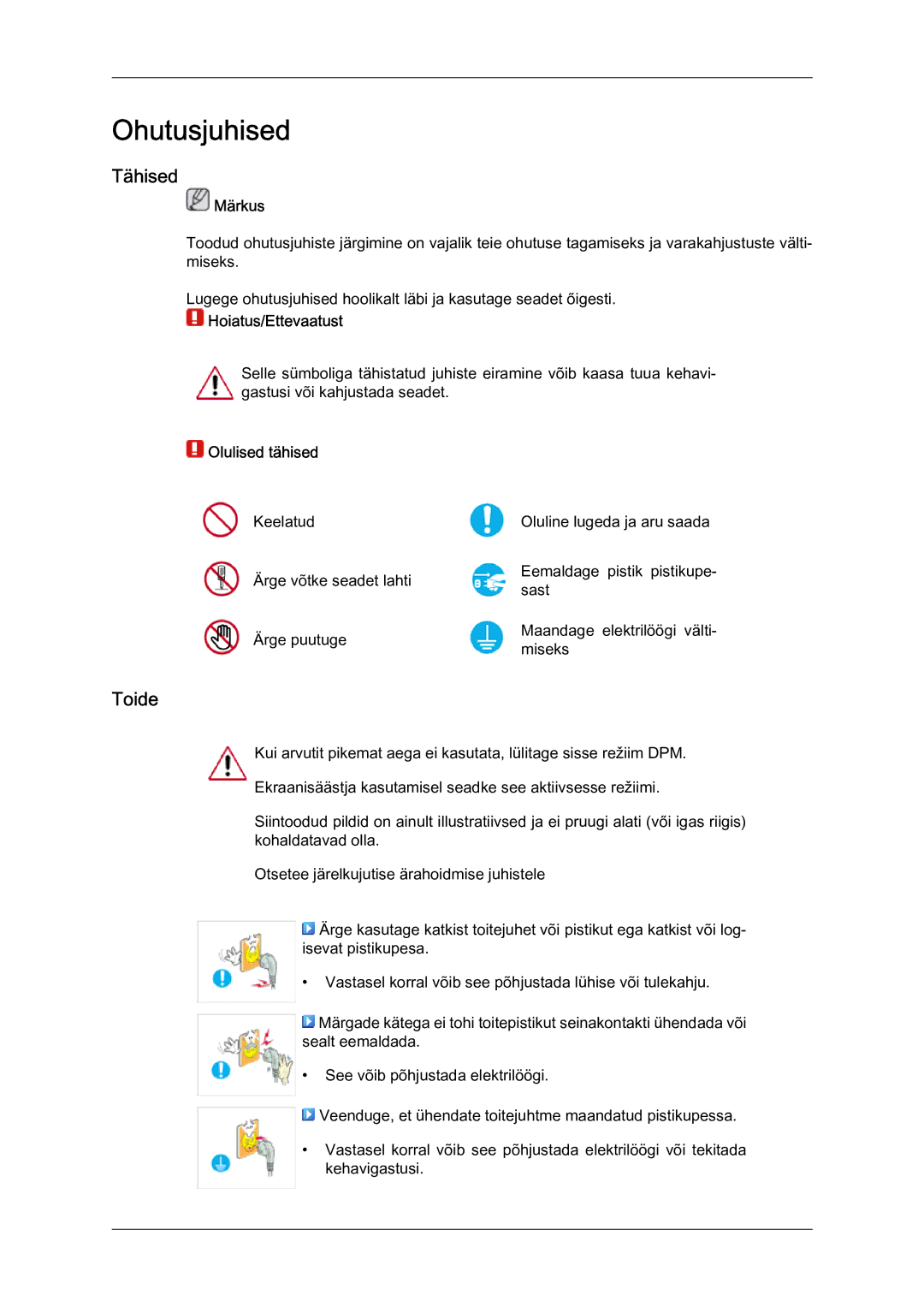 Samsung LH46MVTLBN/EN manual Tähised, Toide, Märkus, Hoiatus/Ettevaatust, Olulised tähised 