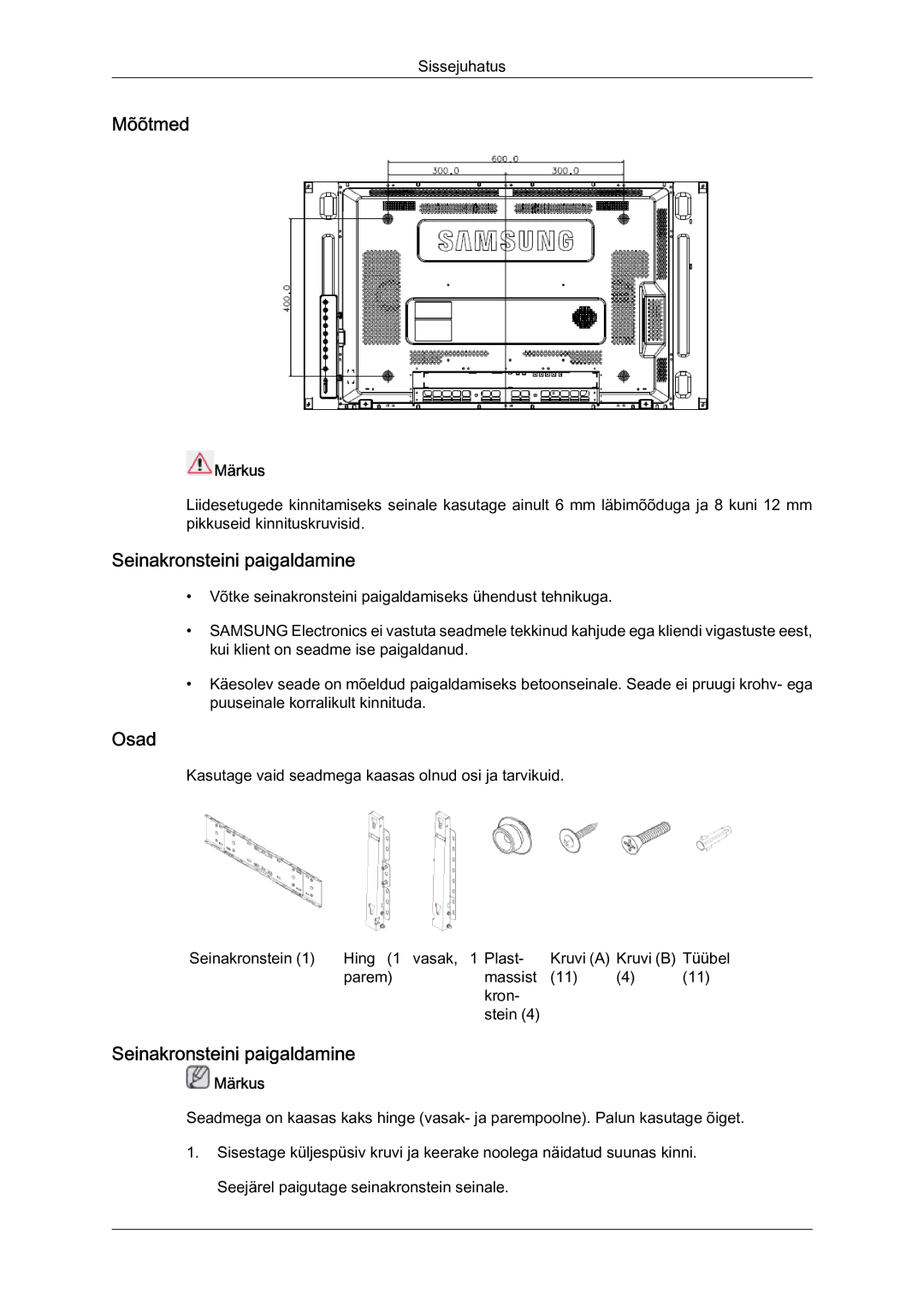 Samsung LH46MVTLBN/EN manual Mõõtmed, Seinakronsteini paigaldamine, Osad 