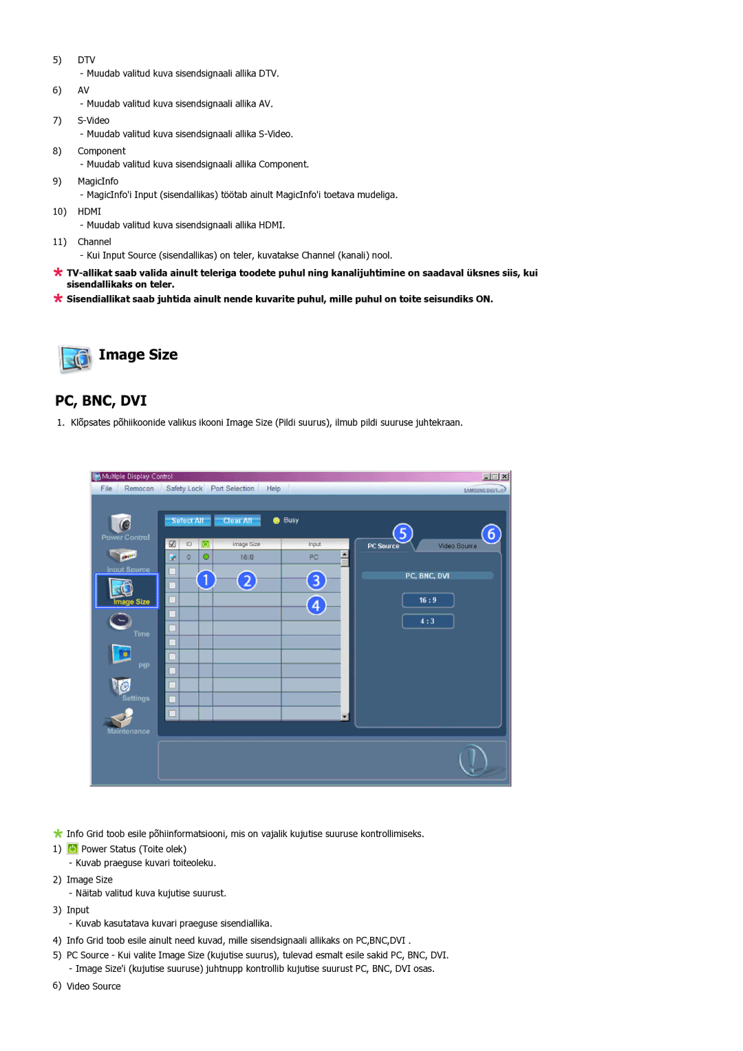 Samsung LH46MVTLBN/EN manual Image Size, Pc, Bnc, Dvi 