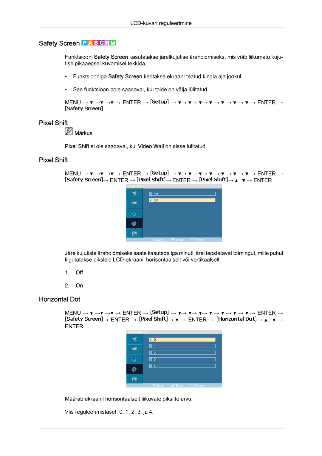 Samsung LH46MVTLBN/EN manual Safety Screen, Pixel Shift, Horizontal Dot 