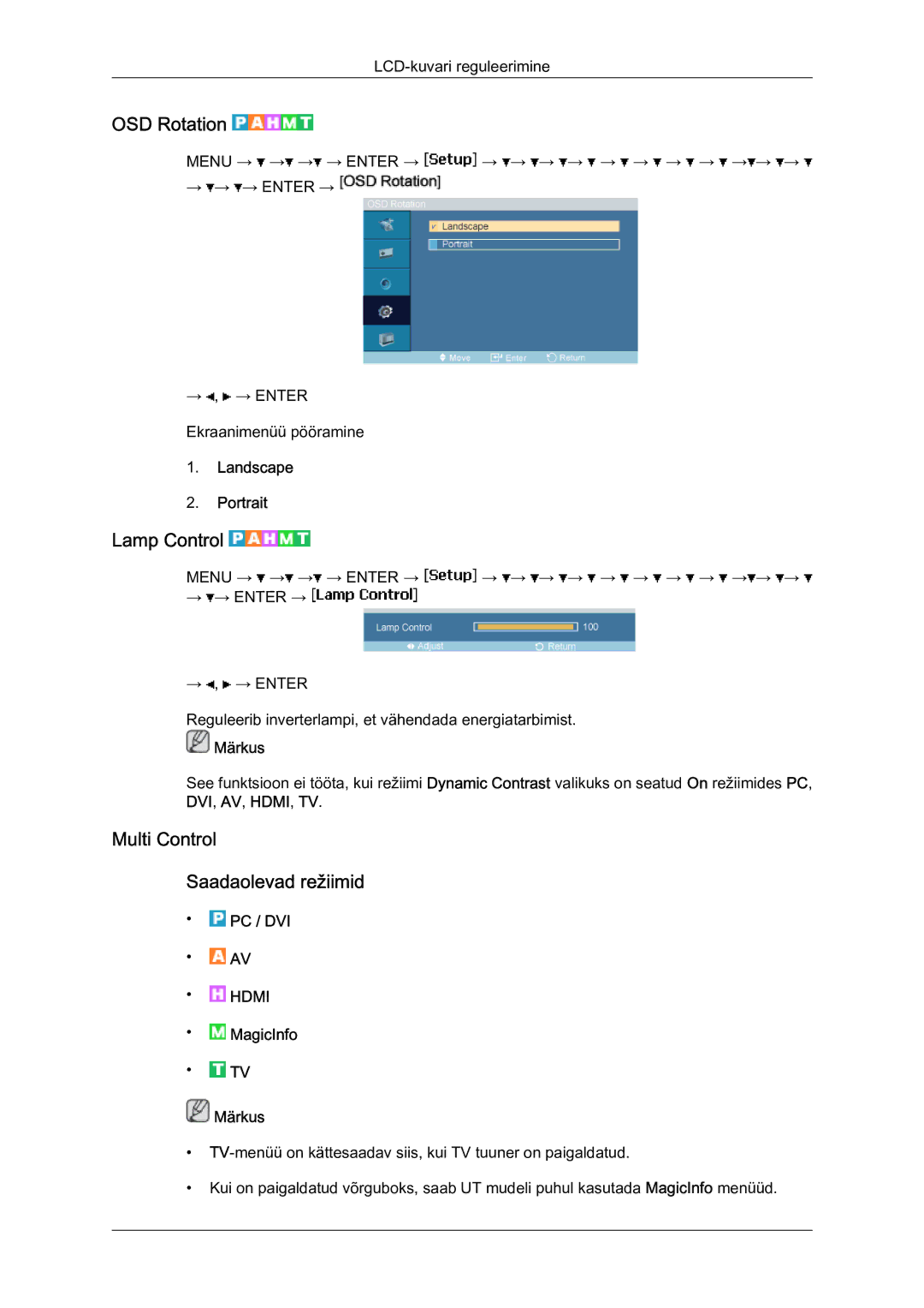 Samsung LH46MVTLBN/EN manual OSD Rotation, Lamp Control, Multi Control Saadaolevad režiimid, Landscape Portrait 
