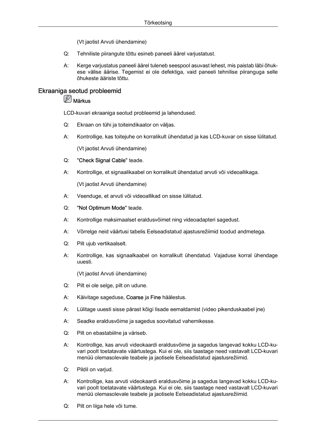 Samsung LH46MVTLBN/EN manual Ekraaniga seotud probleemid, Check Signal Cable teade, Not Optimum Mode teade 