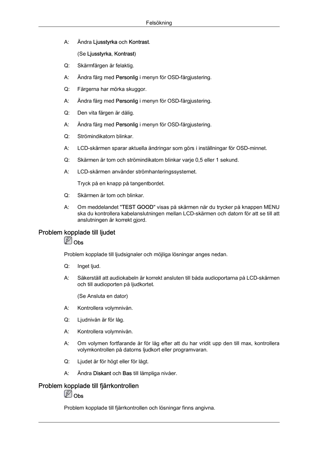 Samsung LH46MVTLBN/EN manual Problem kopplade till ljudet, Problem kopplade till fjärrkontrollen 