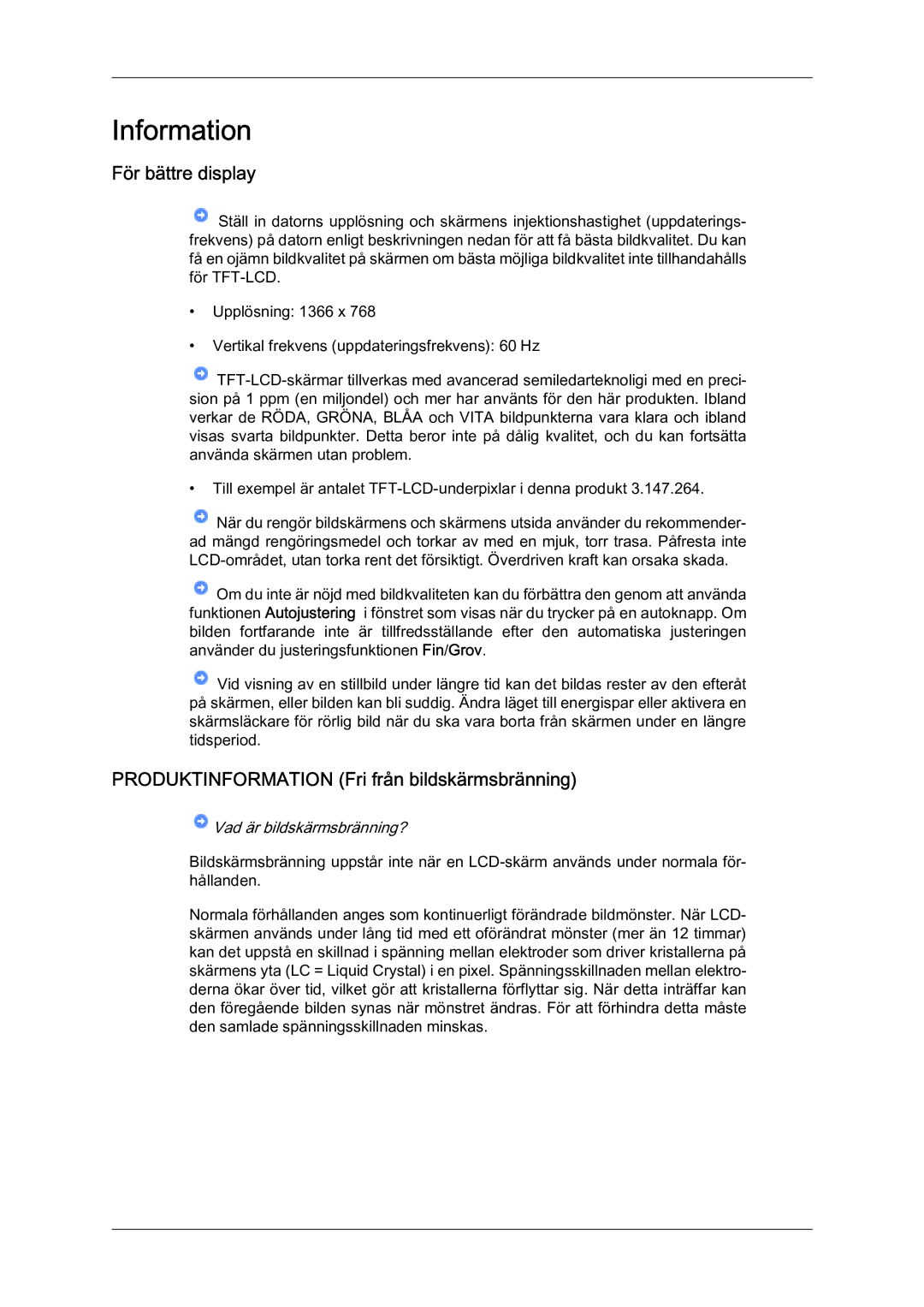 Samsung LH46MVTLBN/EN manual För bättre display, Produktinformation Fri från bildskärmsbränning 