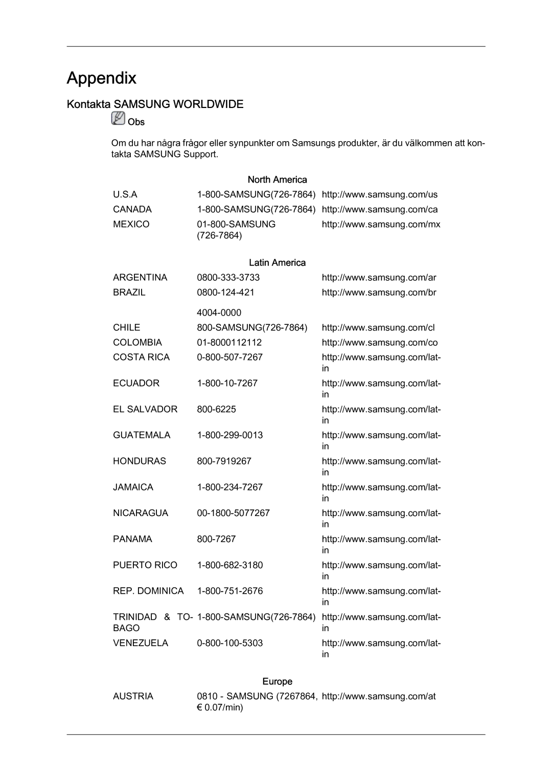 Samsung LH46MVTLBN/EN manual Kontakta Samsung Worldwide, North America, Latin America, Europe 