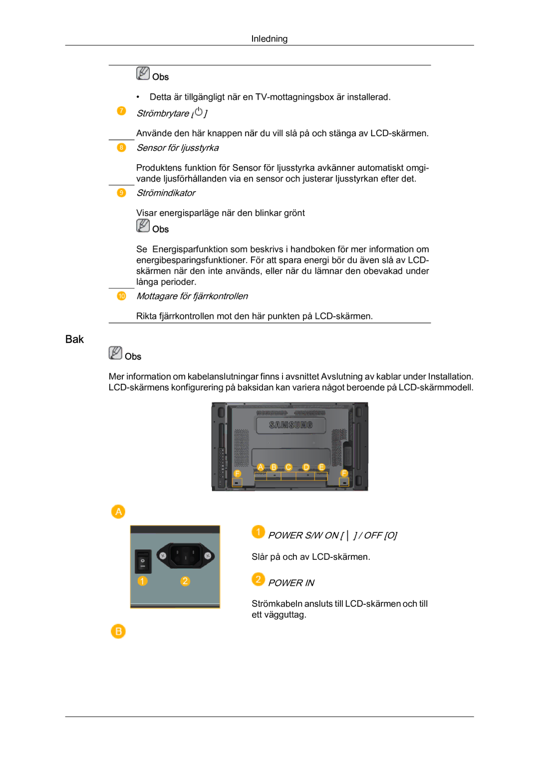 Samsung LH46MVTLBN/EN manual Bak, Sensor för ljusstyrka 