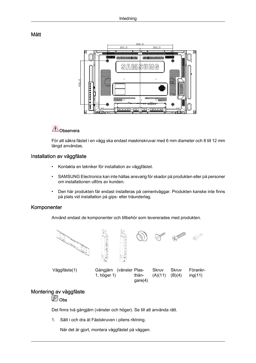 Samsung LH46MVTLBN/EN manual Mått, Installation av väggfäste, Komponenter, Montering av väggfäste, Observera 