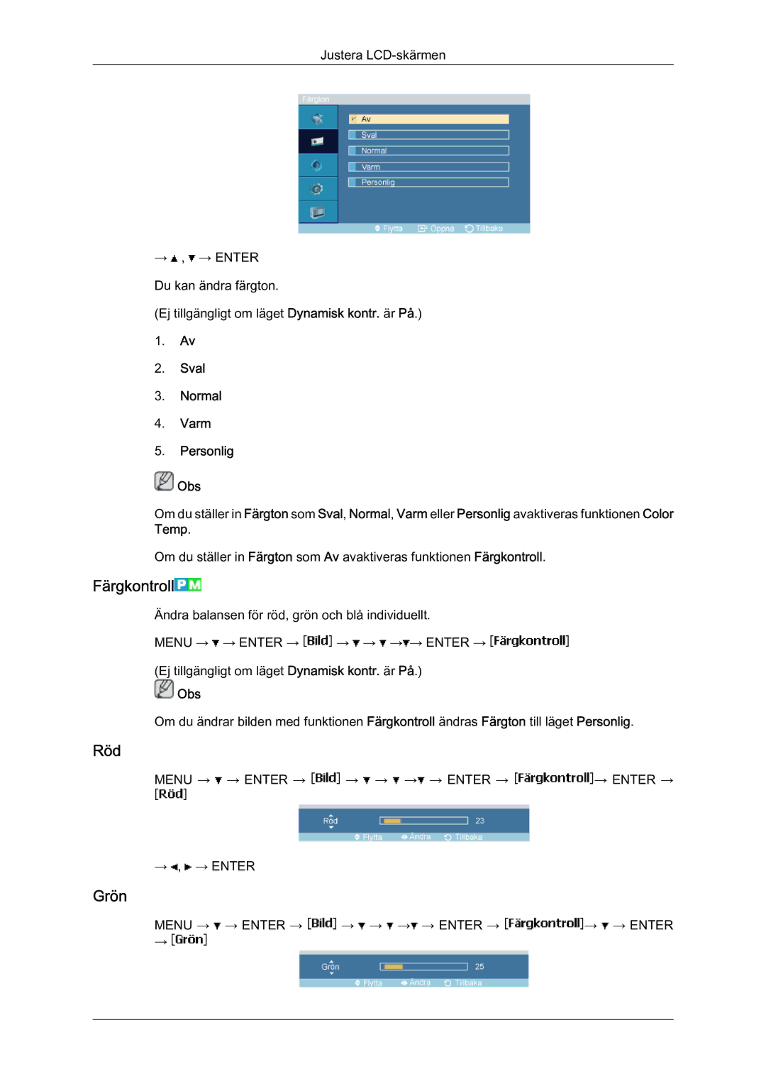 Samsung LH46MVTLBN/EN manual Färgkontroll, Röd, Grön, Sval Normal Varm Personlig Obs 