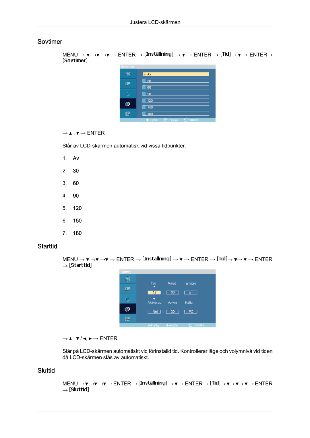 Samsung LH46MVTLBN/EN manual Sovtimer, Starttid, Sluttid 