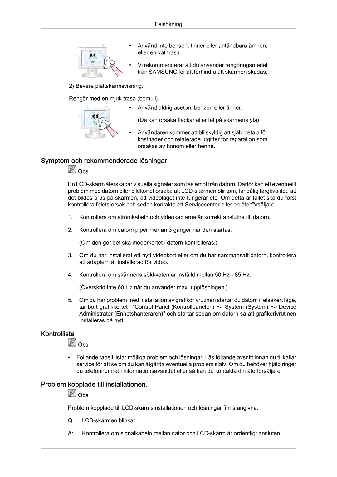 Samsung LH46MVTLBN/EN manual Symptom och rekommenderade lösningar, Kontrollista, Problem kopplade till installationen 