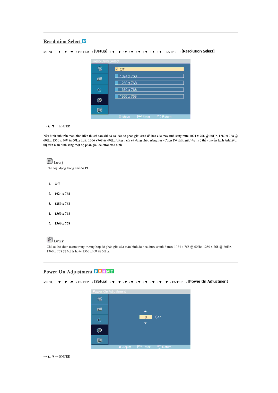Samsung LH46MVTLBB/XY, LH46MVTLBN/XY, LH460UTN-UD Resolution Select, Power On Adjustment, Off 1024 x 1280 x 1360 x 1366 x 