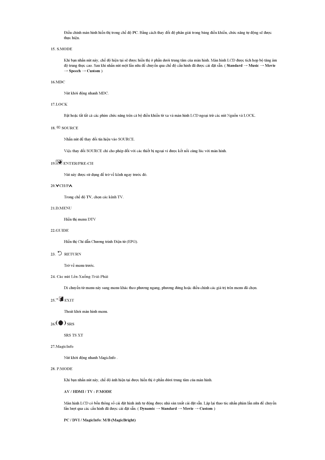 Samsung LH46MVTLBB/XY 15. S.MODE, 16.MDC, 20. CH/P, 24. Các nút Lên-Xuống-Trái-Phải, Exit, Srs, MagicInfo, 28. P.MODE 