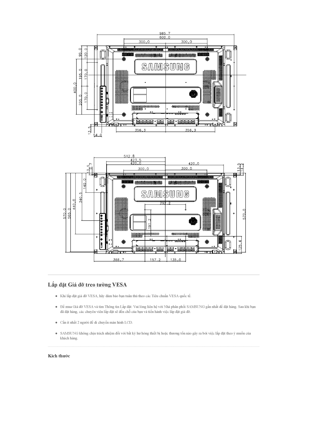 Samsung LH460UTN-UD, LH46MVTLBN/XY, LH46MVTLBB/XY manual Lắp đặt Giá đỡ treo tường Vesa, Kích thước 