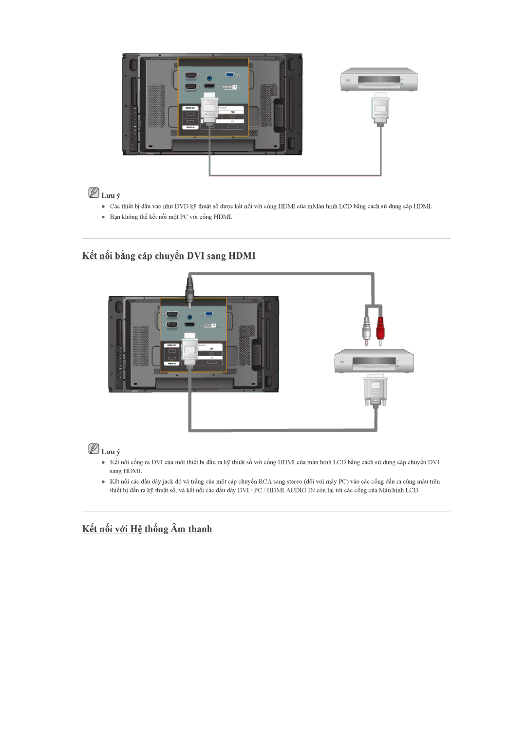 Samsung LH46MVTLBB/XY, LH46MVTLBN/XY, LH460UTN-UD manual Kết nối bằng cáp chuyển DVI sang Hdmi, Kết nối với Hệ thống Âm thanh 