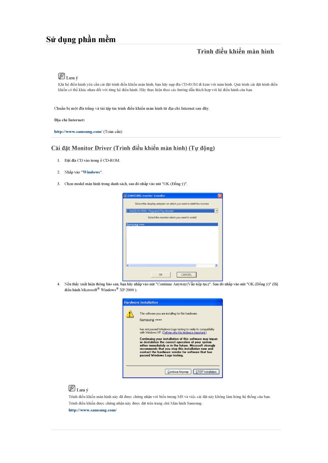 Samsung LH460UTN-UD, LH46MVTLBN/XY manual Cài đặt Monitor Driver Trình điều khiển màn hình Tự động, Địa chỉ Internet 