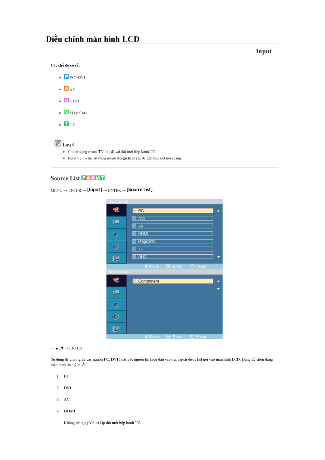 Samsung LH46MVTLBB/XY, LH46MVTLBN/XY, LH460UTN-UD manual Input, Source List, Các chế độ có sẵn, Dvi 