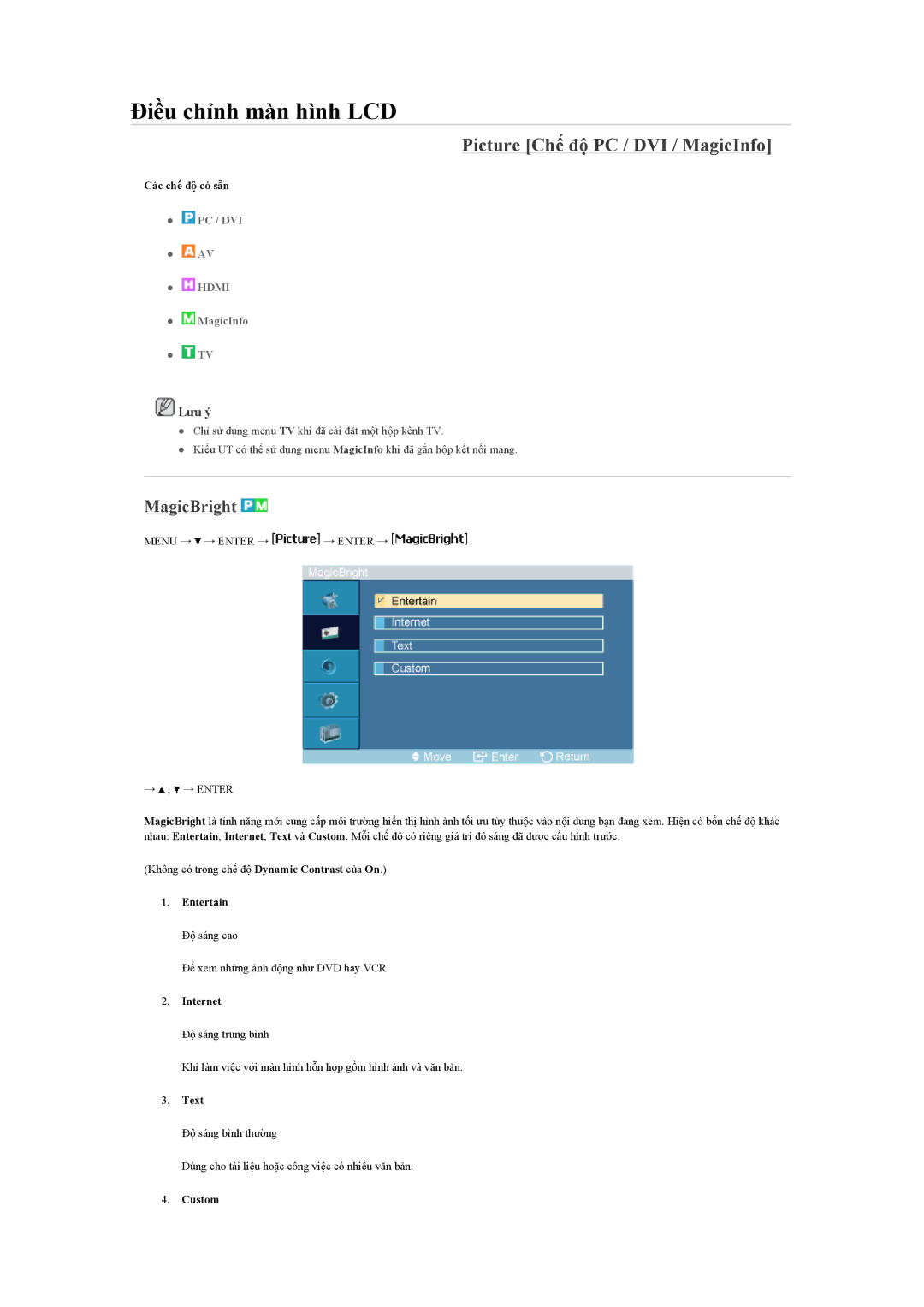 Samsung LH46MVTLBN/XY, LH46MVTLBB/XY, LH460UTN-UD manual Picture Chế độ PC / DVI / MagicInfo, MagicBright 