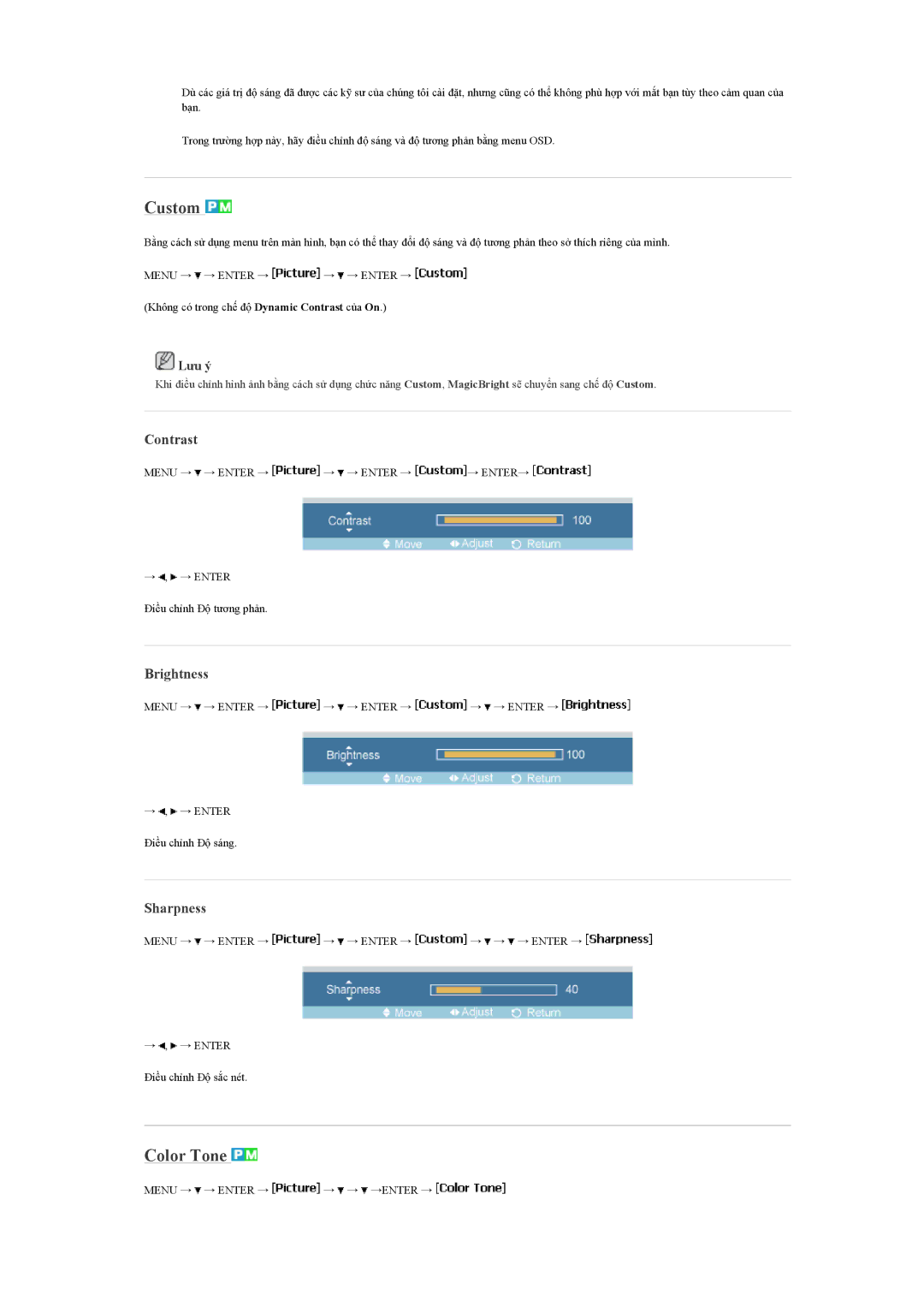 Samsung LH46MVTLBB/XY, LH46MVTLBN/XY, LH460UTN-UD manual Custom, Color Tone, Contrast, Brightness, Sharpness 
