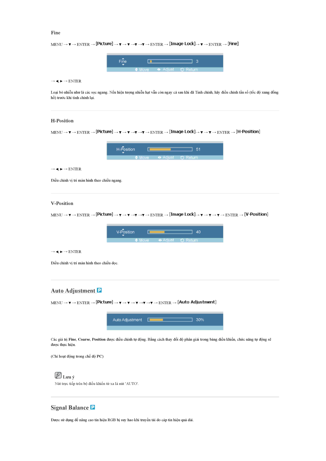 Samsung LH46MVTLBB/XY, LH46MVTLBN/XY, LH460UTN-UD manual Auto Adjustment, Signal Balance, Fine, Position 