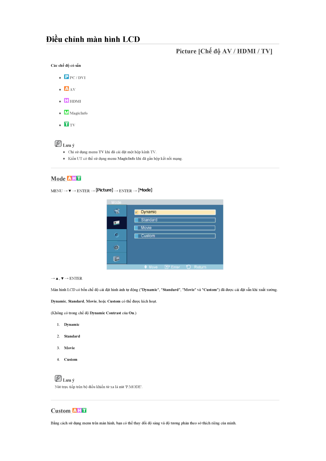 Samsung LH460UTN-UD, LH46MVTLBN/XY, LH46MVTLBB/XY manual Picture Chế độ AV / Hdmi / TV, Mode, Dynamic Standard Movie Custom 