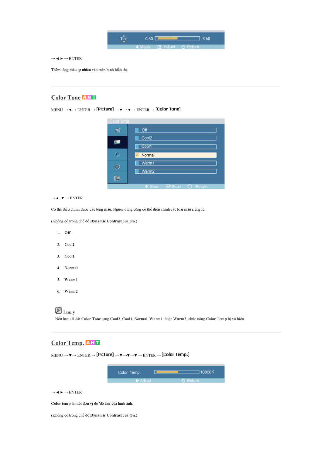 Samsung LH46MVTLBB/XY, LH46MVTLBN/XY manual Off Cool2 Cool1 Normal Warm1 Warm2, Menu → → Enter → → → → → Enter → → , → Enter 