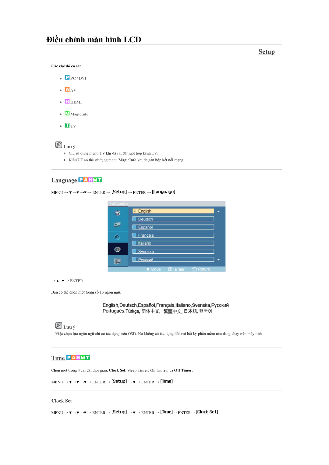 Samsung LH460UTN-UD, LH46MVTLBN/XY, LH46MVTLBB/XY manual Setup, Language, Time, Clock Set 