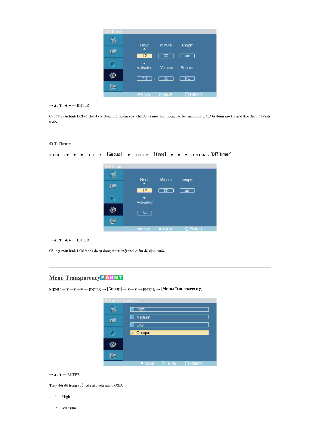 Samsung LH46MVTLBB/XY, LH46MVTLBN/XY, LH460UTN-UD manual Menu Transparency, Off Timer, High Medium 