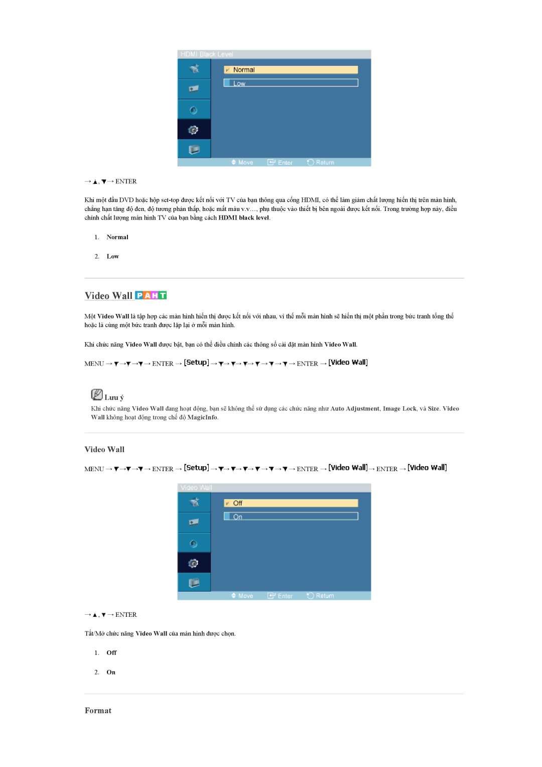 Samsung LH46MVTLBN/XY, LH46MVTLBB/XY, LH460UTN-UD manual Video Wall, Format, Normal Low 