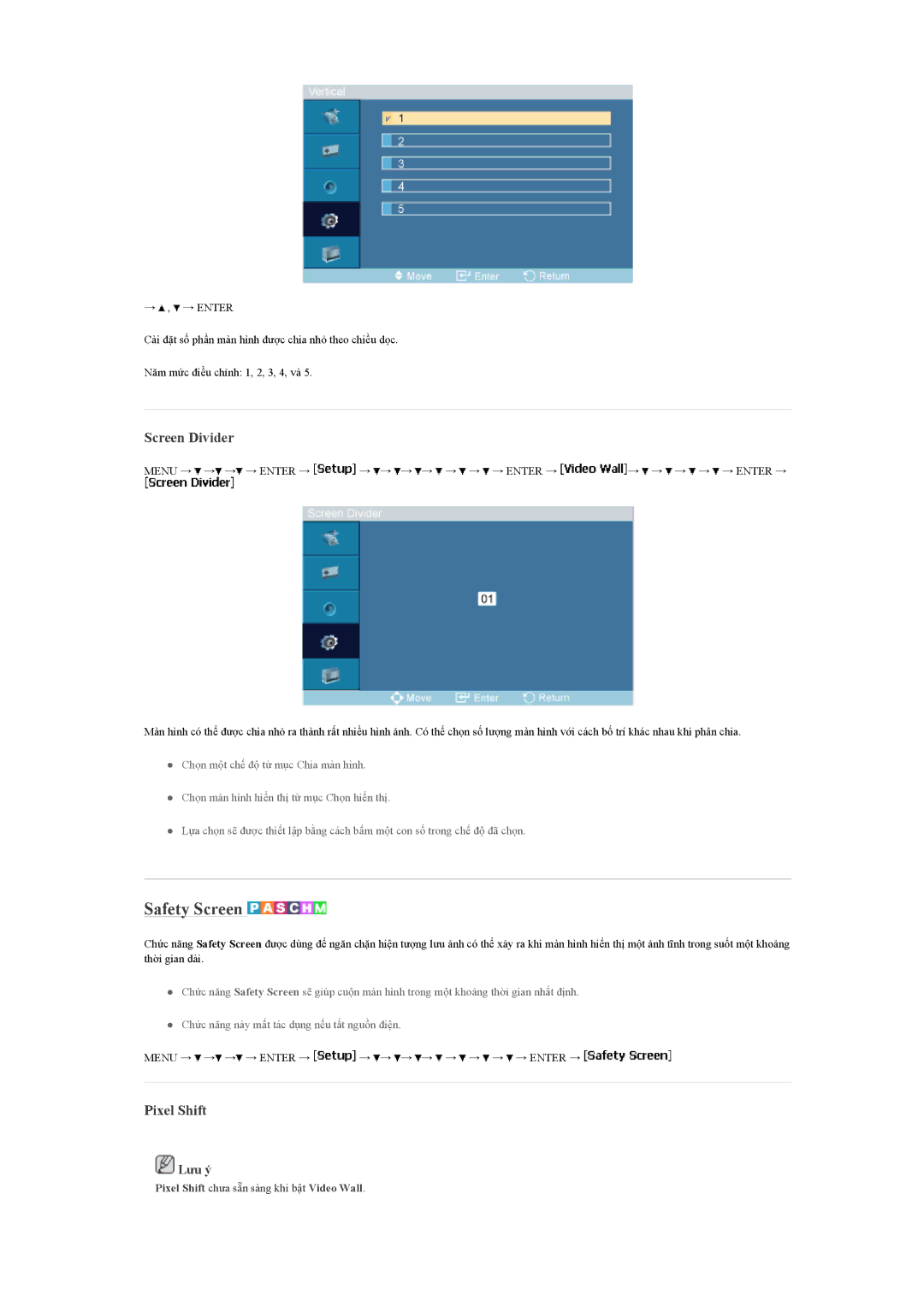 Samsung LH460UTN-UD, LH46MVTLBN/XY, LH46MVTLBB/XY manual Safety Screen, Screen Divider, Pixel Shift 