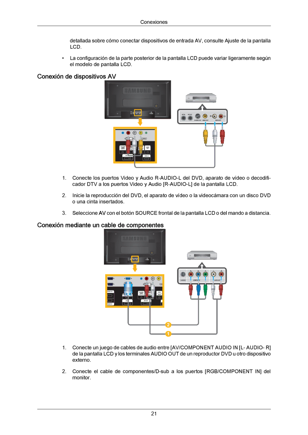 Samsung LH46MRTLBN/EN, LH46MWTLBN/EN, LH40MRTLBN/EN Conexión de dispositivos AV, Conexión mediante un cable de componentes 