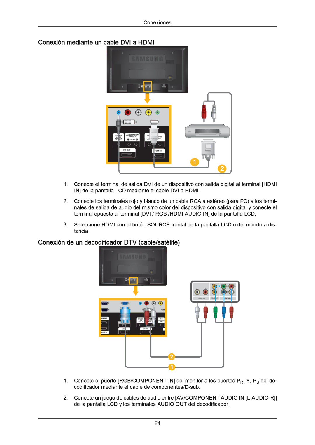 Samsung LH40MRTLBN/EN manual Conexión mediante un cable DVI a Hdmi, Conexión de un decodificador DTV cable/satélite 