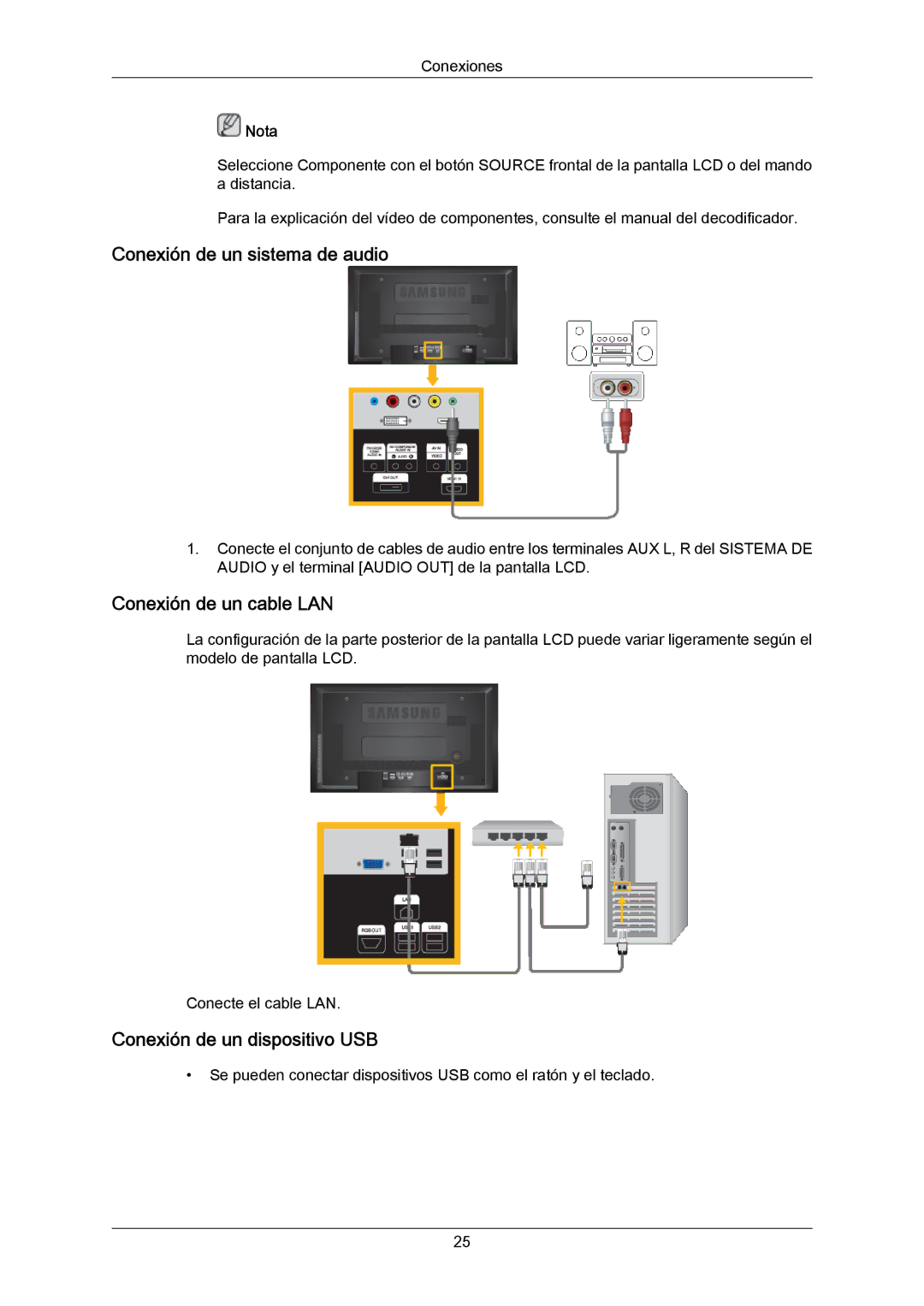 Samsung LH46MRTLBN/EN manual Conexión de un sistema de audio, Conexión de un cable LAN, Conexión de un dispositivo USB 