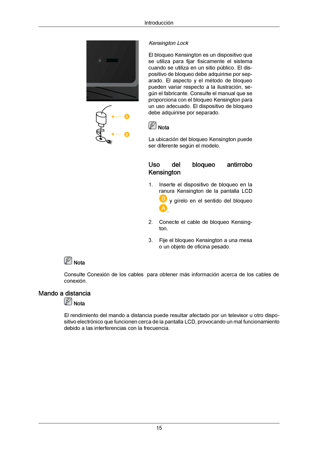 Samsung LH46MWTLBN/EN, LH40MRTLBN/EN, LH46MRTLBN/EN, LH40MWTLBN/EN Uso del bloqueo antirrobo Kensington, Mando a distancia 