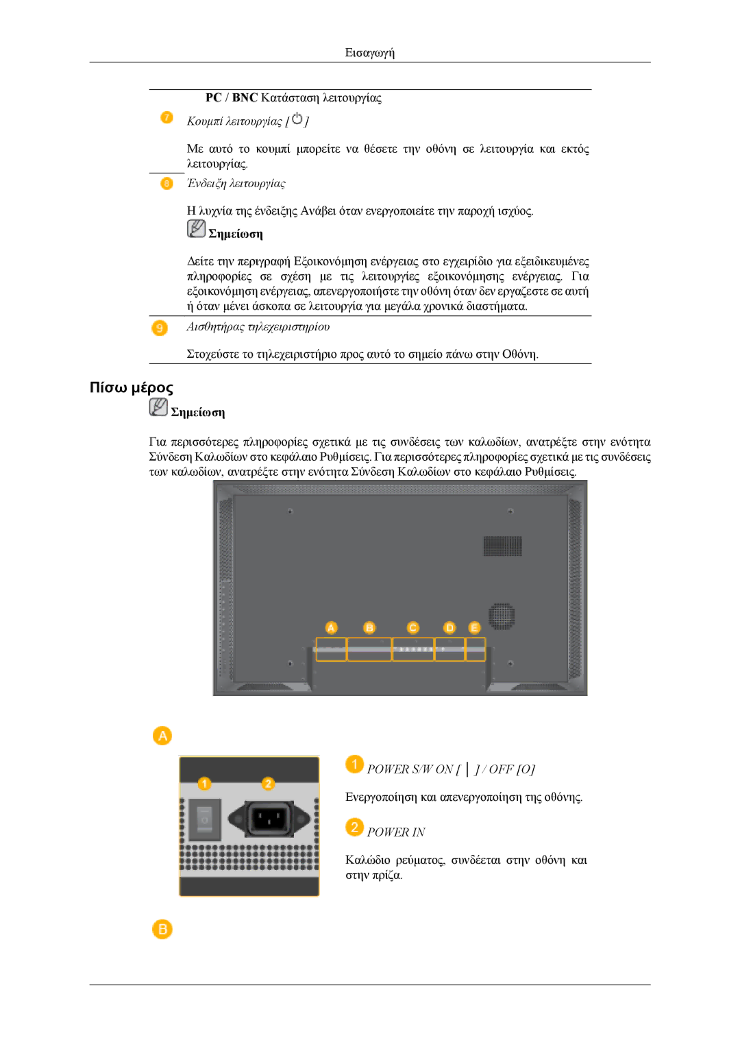 Samsung LH40MSTLBB/EN, LH46MWTLBN/EN, LH40MSTLBM/EN, LH46MSTLBB/EN, LH40MWTLBN/EN manual Πίσω μέρος, Σημείωση 