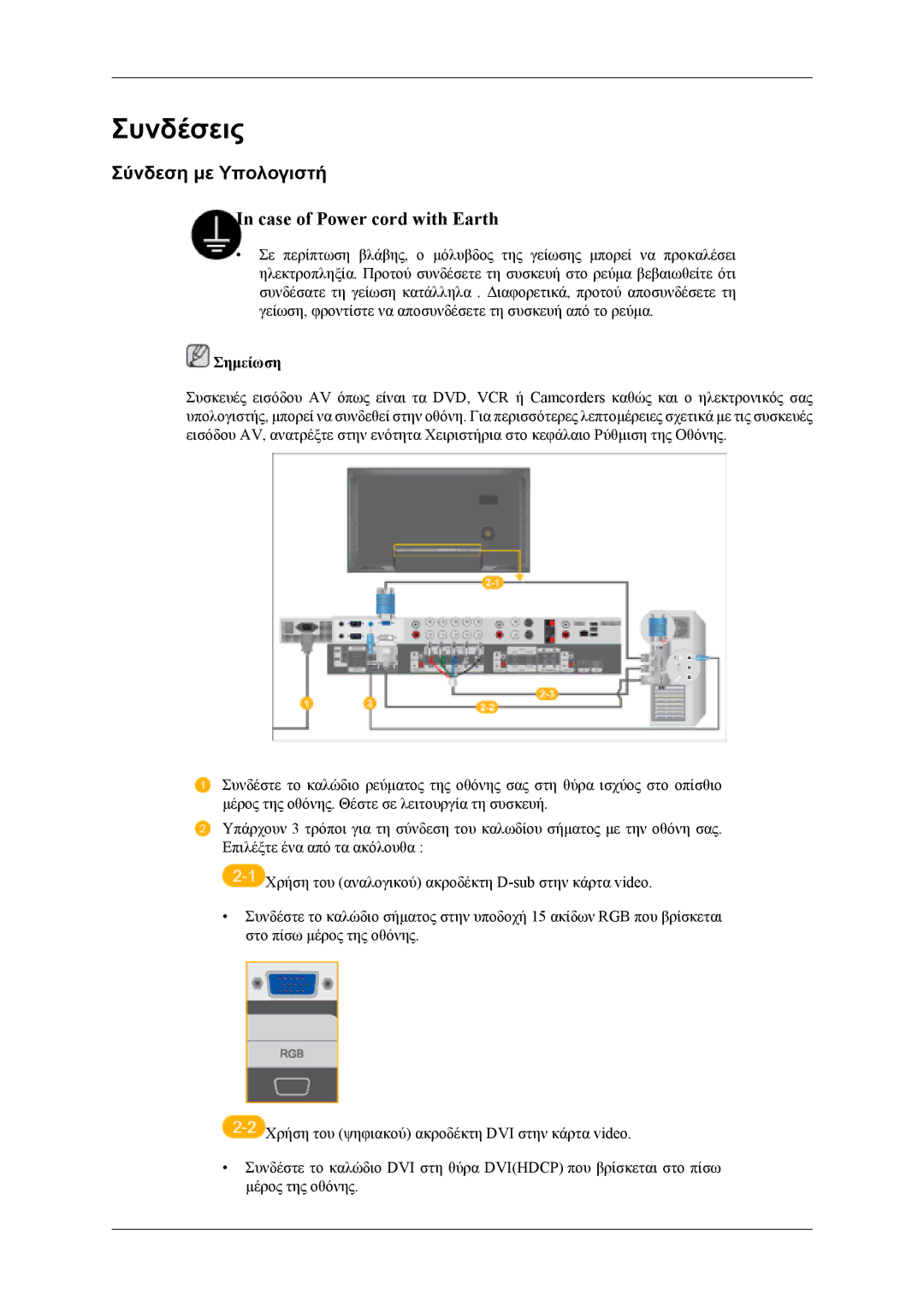 Samsung LH46MSTLBB/EN, LH46MWTLBN/EN, LH40MSTLBM/EN, LH40MSTLBB/EN, LH40MWTLBN/EN manual Συνδέσεις, Σύνδεση με Υπολογιστή 