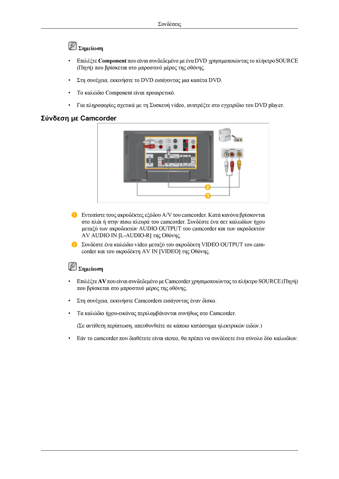 Samsung LH46MWTLBN/EN, LH40MSTLBM/EN, LH46MSTLBB/EN, LH40MSTLBB/EN, LH40MWTLBN/EN manual Σύνδεση με Camcorder 