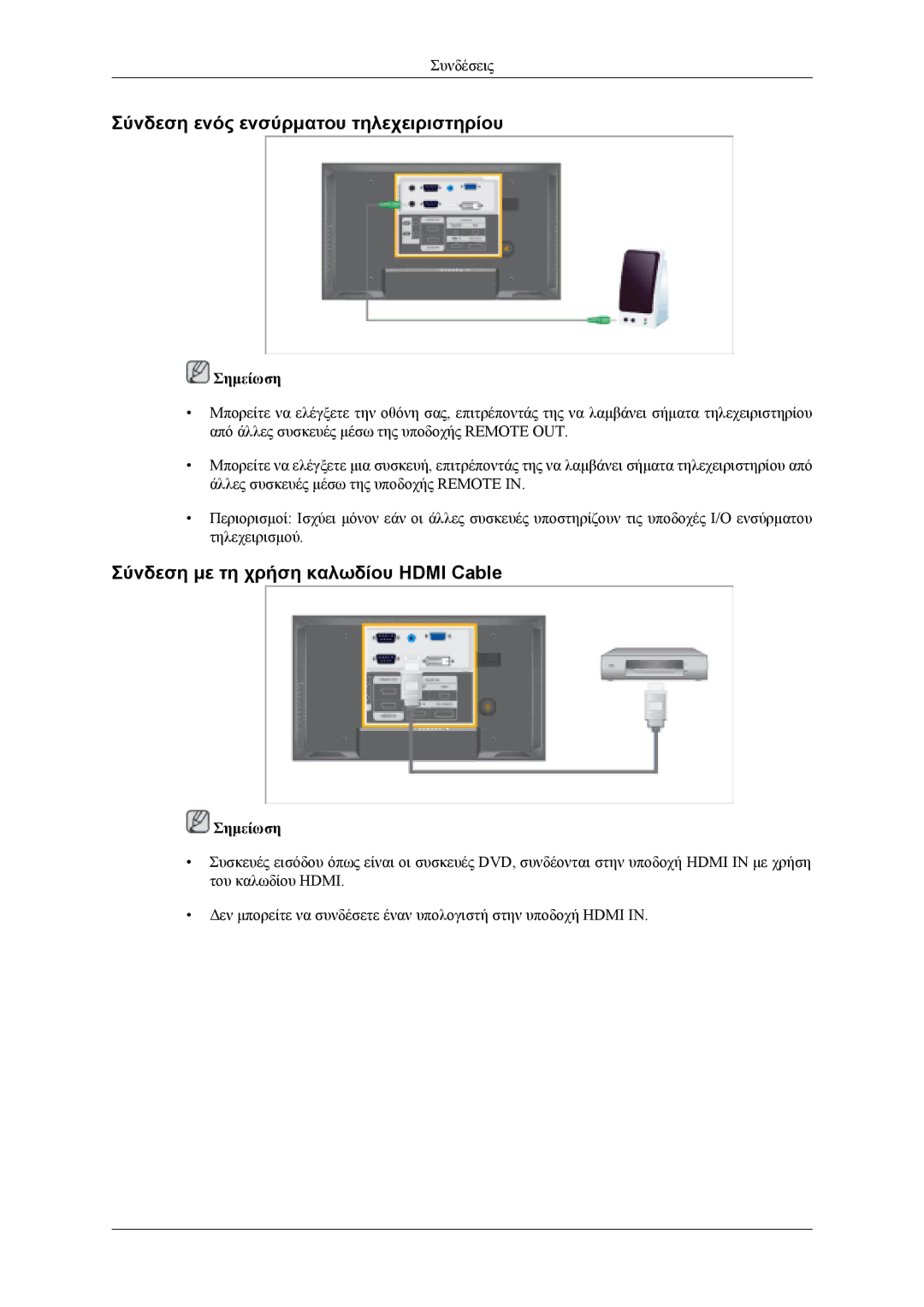 Samsung LH46MSTLBB/EN, LH46MWTLBN/EN Σύνδεση ενός ενσύρματου τηλεχειριστηρίου, Σύνδεση με τη χρήση καλωδίου Hdmi Cable 