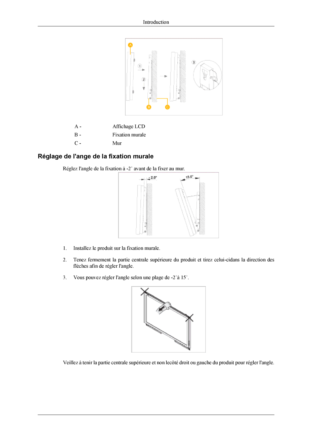 Samsung LS46BPTNB/EDC, LH46MWTLBN/EN, LH46MSPLBM/EN, LS46BPTNS/EDC manual Introduction Affichage LCD Fixation murale Mur 