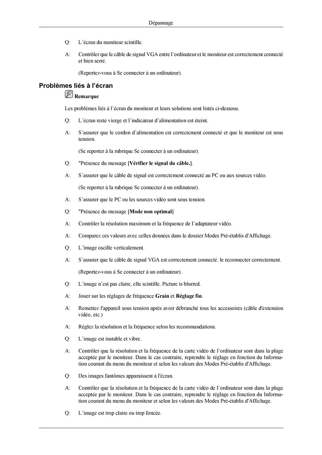 Samsung LH46MSTLBM/EN, LH46MWTLBN/EN manual Problèmes liés à l’écran, Présence du message Vérifier le signal du câble 